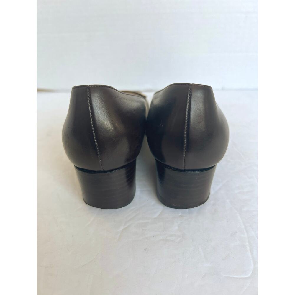 Vintage Gucci Brown Leather Square Toe Gold Plate  Block Low‎ Heel Pumps 6C Wide - Picture 7 of 12